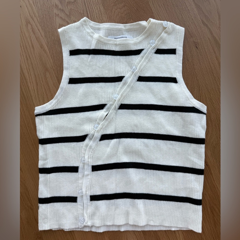Peppermayo Asymmetric Button White and Black Top